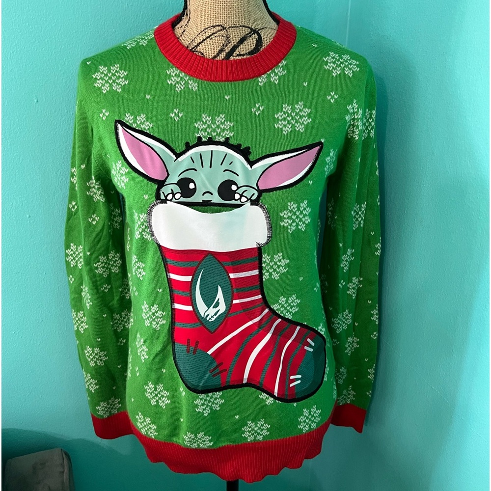#920 EUC Unisex Star Wars Baby Mandolorian “Cute” Ugly Christmas Sweater Size S